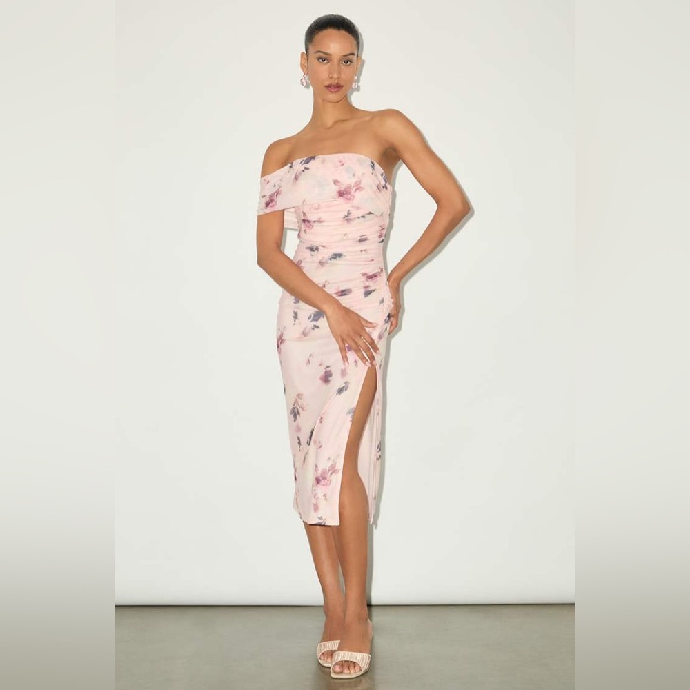 NWT Lulus Jayleen Light Pink Floral Mesh One-Shoulder Midi Dress